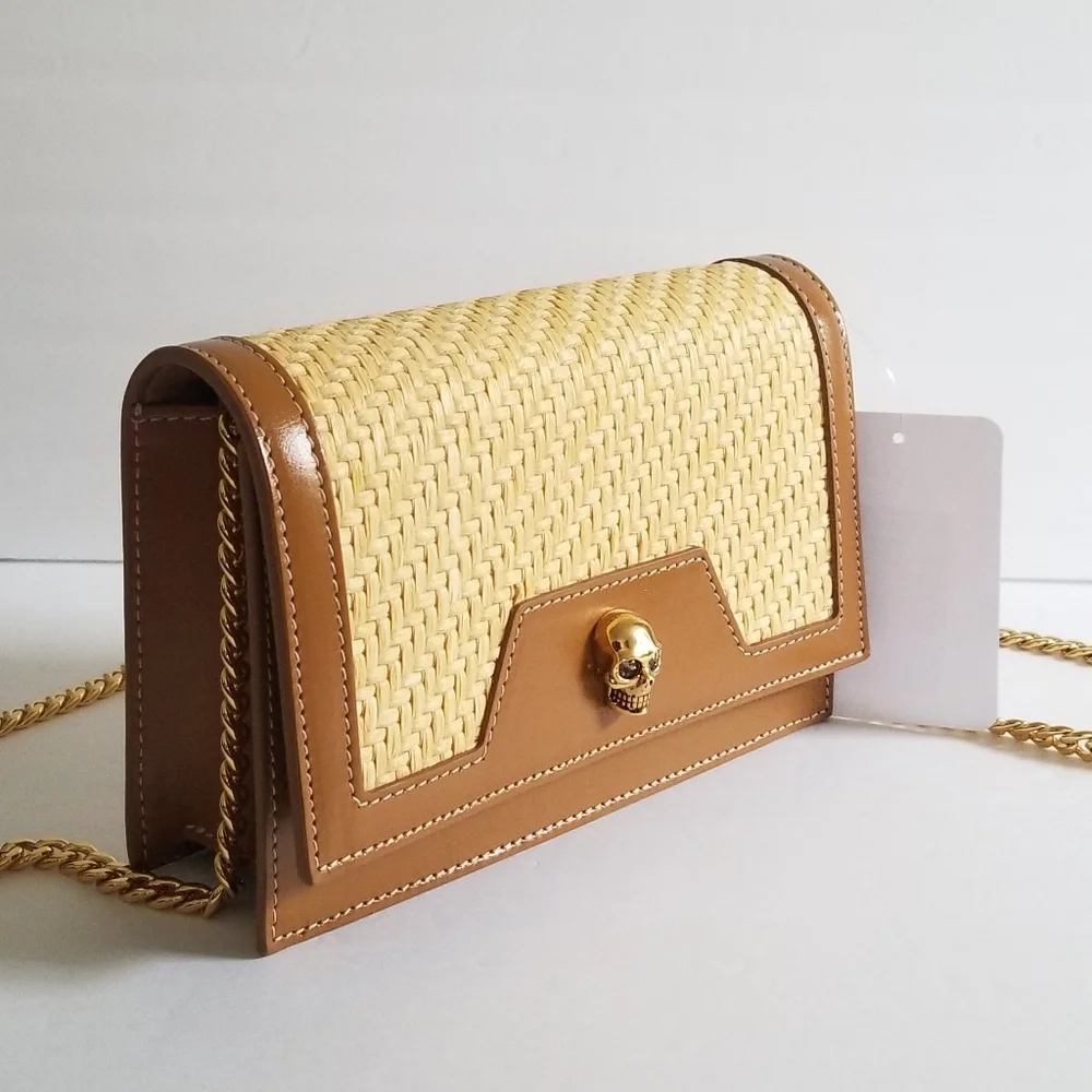 Alexander McQueen Raffia Skull Crossbody Bag Natural Camel - Picture 3 of 10